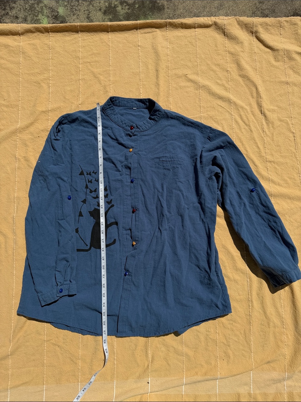 Blue Button-Up Shirt with Cat Graphic